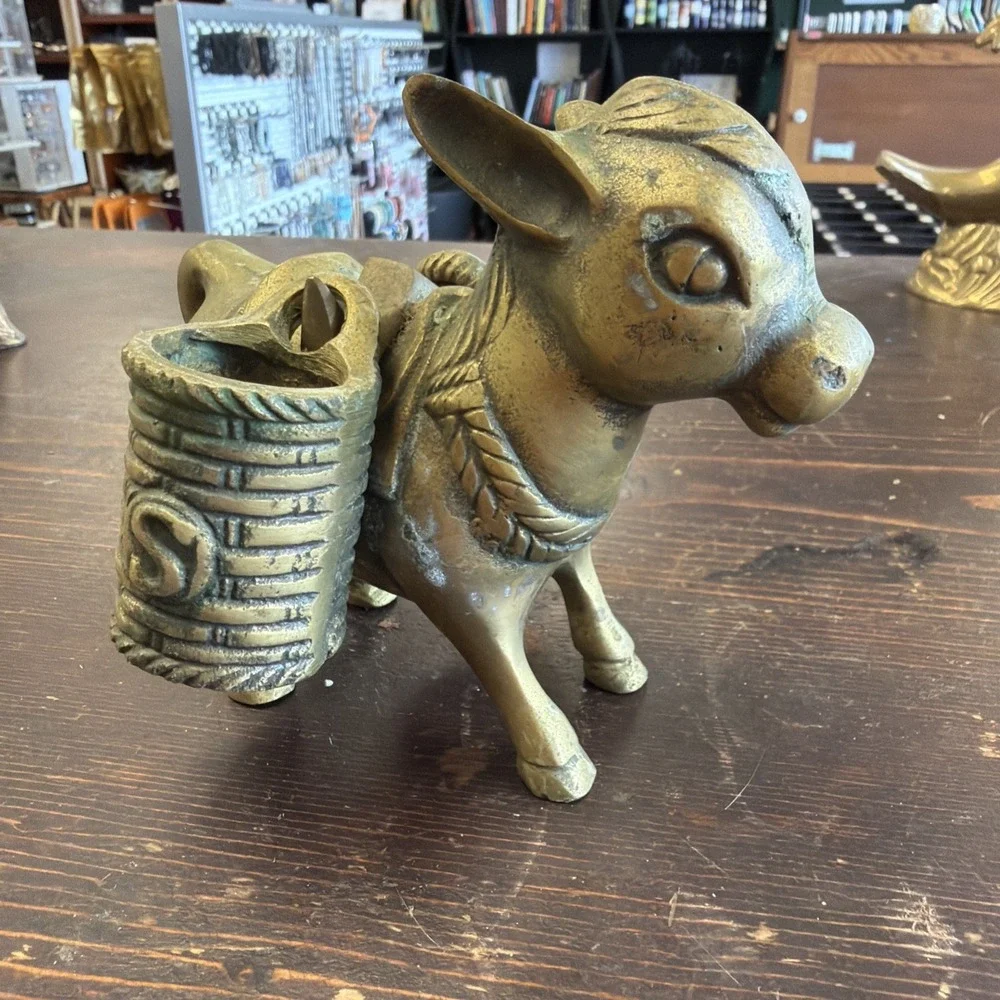 Brass Donkey Salt and Pepper with two hanging baskets